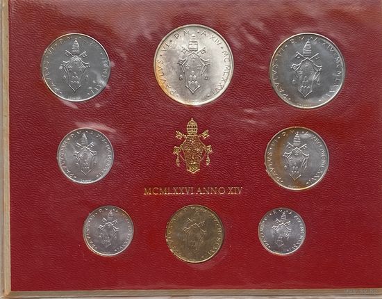 Ватикан 1, 2, 5, 10, 20, 50, 100, 500 лир 1976 г. Годовой набор 8 монет с серебром
