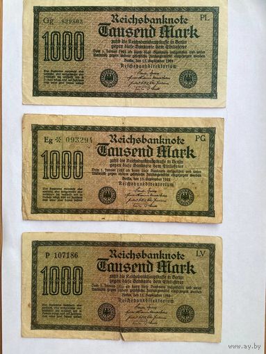 Германия 1000 марок 1922 г. Кайзеровская империя. Лот из 8 банкнот с разными номерами-0801