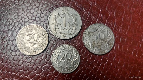 50 грошей 1938, 50 грошей 1923, 20 грошей 1923, 1 злотый 1929г. Сборный лот старой Польши.