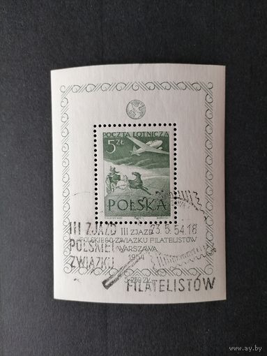 Польша 1954 Блок MI.13 с маркой "Конгресс союза филателистов Польши" (спецгашение с клеем) марка Mi.849 каталог 40.00 евро
