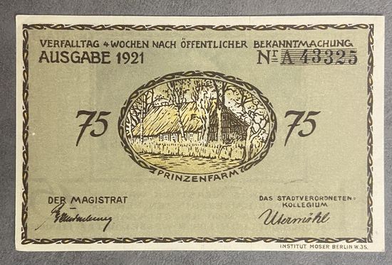 Нотгельд 75 пфеннигов 1921 год. Плен. Веймарская республика.