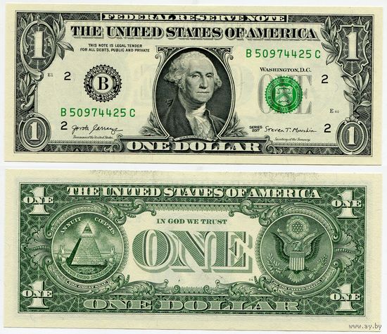 США. 1 доллар (образца 2017 года, B, Нью-Йорк, P544, UNC)