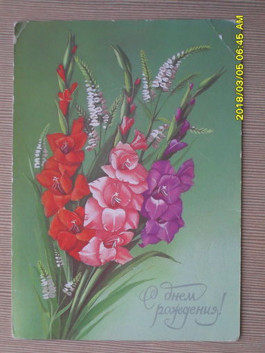 ЧИСТАЯ ПОЧТОВАЯ ОТКРЫТКА "С ДНЕМ РОЖДЕНИЯ" 1988г.худ.Е.КУРТЕНКО.ГЛАДИОЛУСЫ.ФЛОРА.ЦВ ЕТЫ.