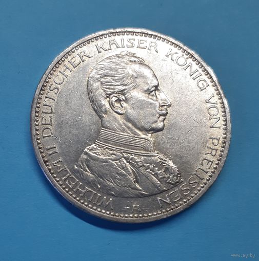 Германия. 1913 год. 5 марок. Вильгельм II. Мундир. Серебро