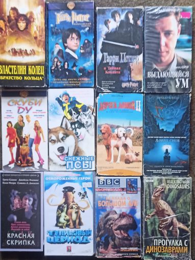 Властелин колец. Братство кольца, Гарри Поттер, Выдающийся ум, Снежные псы, Ловец снов, Красная скрипка, Тупиковый период (Гоблин), Баллада о большом Але, Прогулки с динозаврами. Цена за одну кассету
