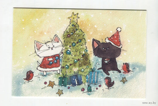 Открытка. Коты. Котики. Котята. Семья. Фауна, животные. С новым годом! Елочка, подарки. Худож. А.Еременко(чистая)