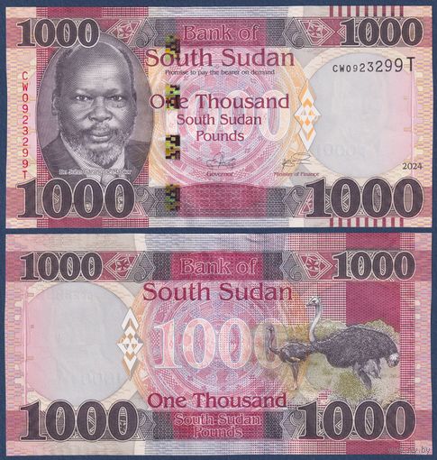 Южный Судан, 1000 фунтов 2024 г., P-W21 (CW, новое название валюты - South Sudan Pounds), UNC