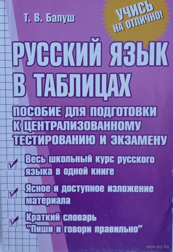 Русский язык в таблицах. Пособие для подготовки к централизованному тестированию и экзамену. Т.В.Балуш. Тетралит. 2016.