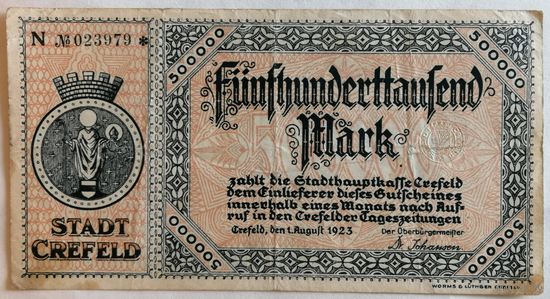 Германия 500000 марок Крефельд (Crefeld, Рейнская провинция) В7:912e, В/З