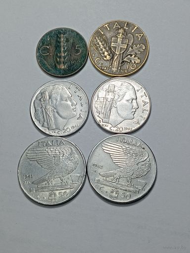 Италия 5 чентезимо 1925 года , 10 чентезимо 1941 года , 20 чентезимо 1941,1943 года , 50 чентезимо 1941,1942 года . R
