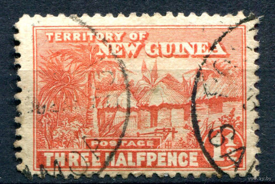 Британские колонии - Новая Гвинея - 1925/28г. - деревня и пальмы, 1 1/2 P - 1 марка - гашёная [Mi 41]. #3-WB-86-A-1