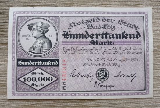 Werty71 Германия 100000 марок 1923 банкнота Гроссгельд Бад-Тёльц Фиолетовый