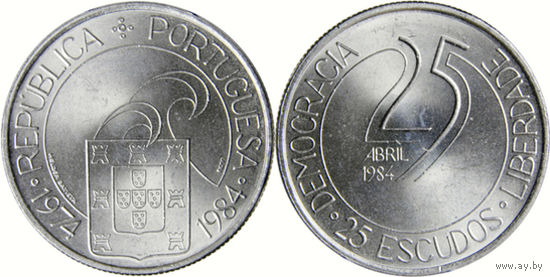 Португалия 25 эскудо, 1984 10 лет Революции UNC