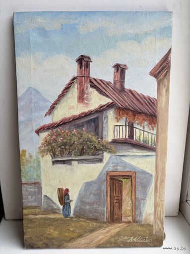 Голландия холст масло женщина 2 этажный дом подпись