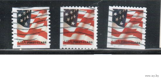 США-2002 (Мих.3587  BA+BD+BE) ,  гаш., Стандарт, Флаг(одиночка), 3 зубцовки