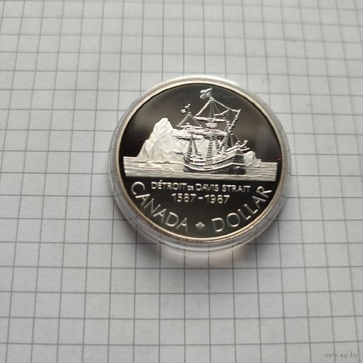 1 доллар Канады 1987 года .400 лет открытию пролива ДейвисаСеребро. Пруф.