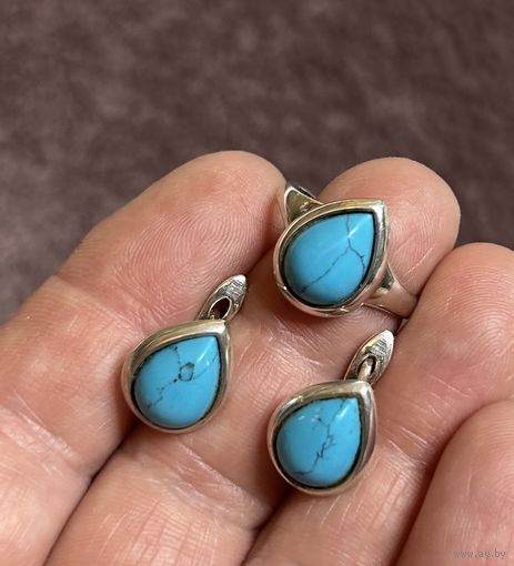Кольцо и серьги бирюза серебро 925 Комплект кольцо р 17