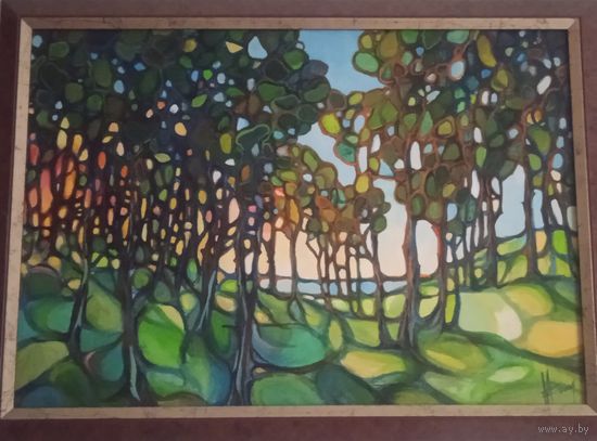 Картина масло двп пейзаж 2004 море и сосны художник Медзько автограф есть авторская