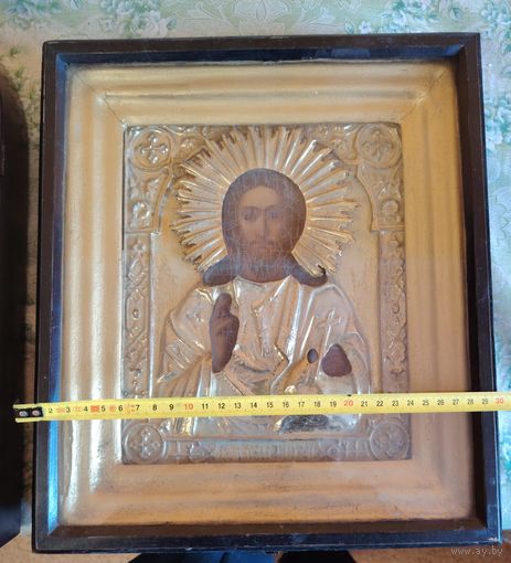 Икона Господь Вседержитель, 19 век. Оклад с Золочением! Киот. Люкс!