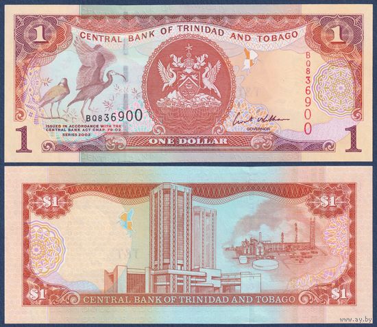 Тринидад и Тобаго, 1 доллар 2002 г., P-41 (BQ, алый ибис, здание центробанка), UNC