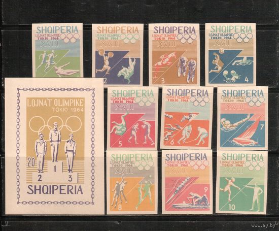 Албания-1964,(Мих.870-879,Бл.28В)  * ,  Спорт, ОИ-1964 в Токио , БЗЦ (полная серия),