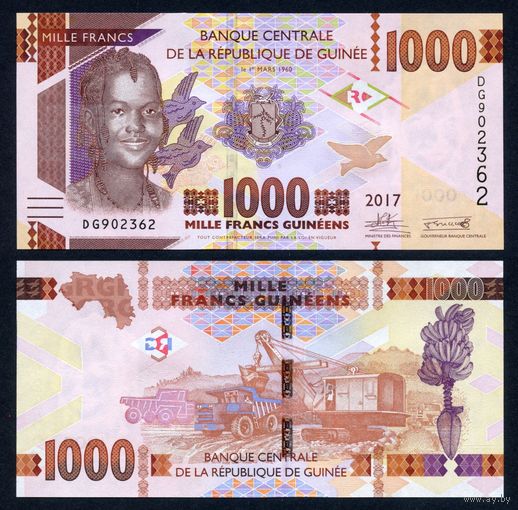 Гвинея 1000 франков 2017 г. (P-48b, UNC) Гвинея 1 000 франков 2017 г.