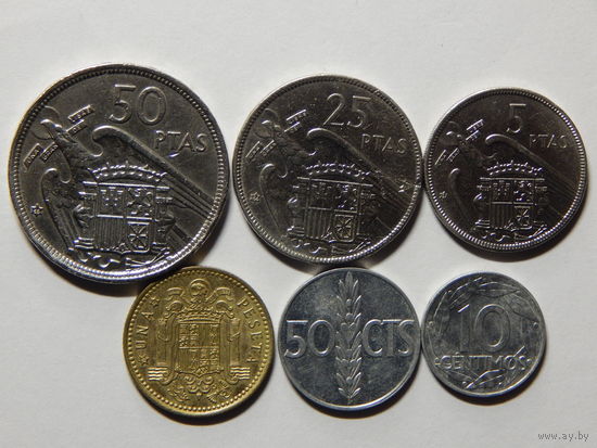 Испания 10,50 сентимо,1,5,25,50 песет 1957-66г