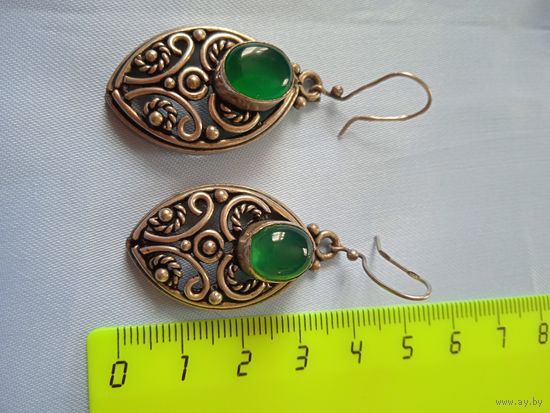Серьги с зеленым камнем,(кошачий глаз)проба,серебро?