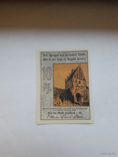 Нотгельд 10 пфеннигов 1922 год. Фридланд. Веймарская республика. Рейтергельды