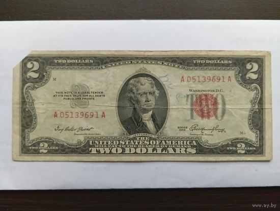 США 2 $ красная печать 1953 (обрезан угол)