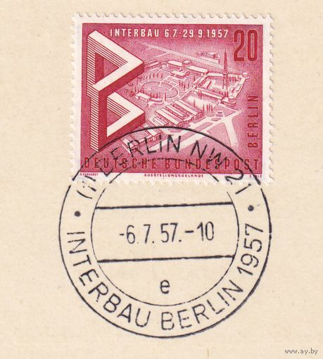 12.ETB. Германия. Западный Берлин. 1957 г. Международная строительная выставка "Интербау" в Берлине. Лист первого дня гашения. Mi.#161/ETB#23.