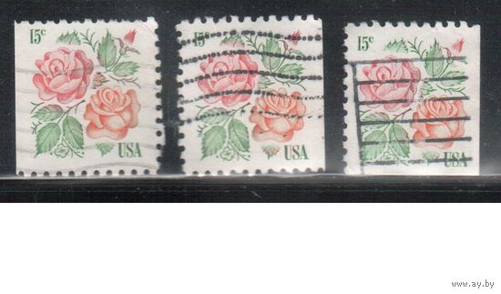 США-1978, (Мих.1354 D+Е) , гаш. , Стандарт, Цветы , Розы  (одиночка), 3 типа зубцовки(3)