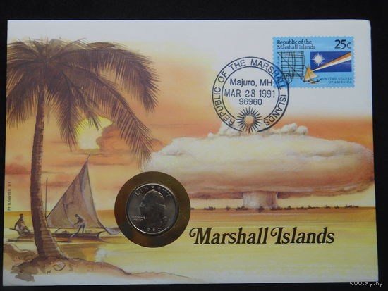 Маршалловы острова 1/4 доллара 1990 г (квотер) конверт первого дня КПД