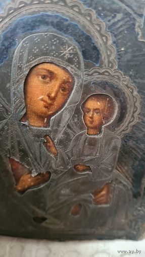 Икона Смоленская Богородица 1878 год серебро 84 в киоте .