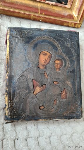 Икона Смоленская Богородица 1878 год серебро 84 в киоте .