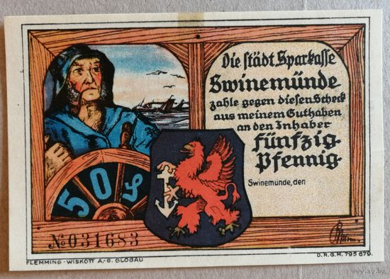 Германия 50 пфеннигов 1921 г Свинемюнде/Швайнемюнде (Swinemunde) (без даты), 1306.1b, UNC, редкая