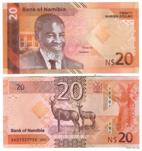 Намибия 20 долларов 2025 год Новый дизайн. Банкнота - гибрид (бумага + полимер)  UNC  НОВИНКА