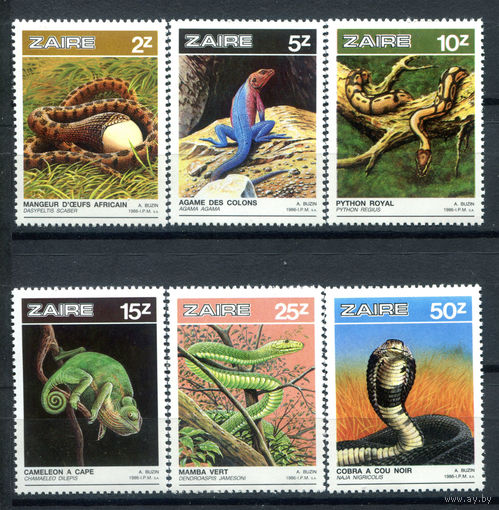 Заир - 1987г. - Рептилии - 6 марок - полная серия, MNH [Mi 939-944]. #O-Se-Z-1-3