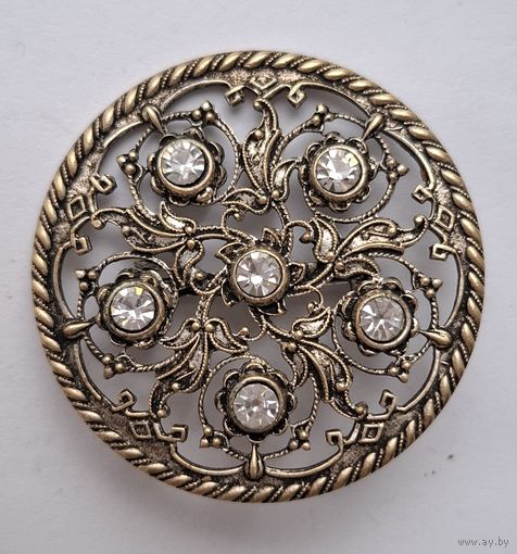 Брошь ажурная с кристаллами. Мельхиор. 70-е годы,  Германия