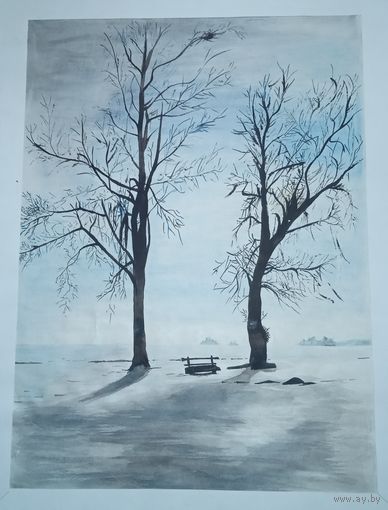 Картина зима пейзаж акварель природа деревья