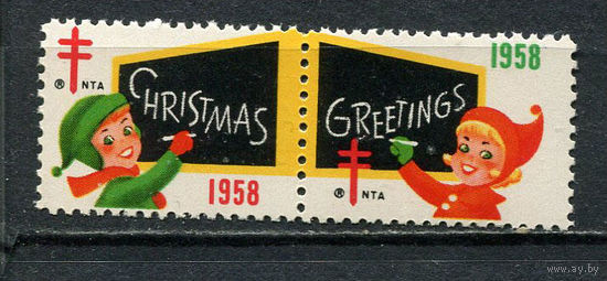 США - 1958 - Рождество и Новый год - сцепка - 2 виньетки. MNH.  (LOT Gс25)-T10P7