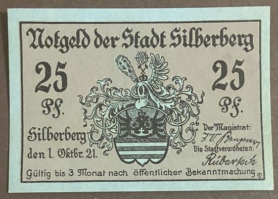 Нотгельд 25 пфеннигов 1921 год. Зильберберг,. Веймарская республика