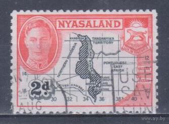 [2057] Британские колонии. Ньясаленд 1945. Георг VI.Карта колонии. Гашеная марка.
