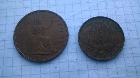 Великобритания 1 пенни и 1/2 1967 г.