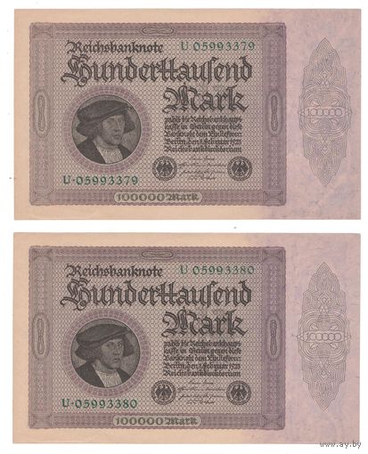 Германия 100000 марок 1923 года. 2 шт. номера подряд. Состояние aUNC+!