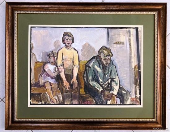 Эрлер Л.Н. "Очередь", 1960-е гг. Картон, масло. Размеры 50/34 см.