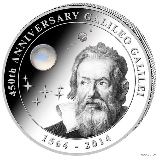 Острова Кука 10 долларов 2014г. "450 лет со дня рождения Галилео Галилея". Монета в капсуле; подарочном футляре; сертификат; коробка. СЕРЕБРО 62,20гр.(2 oz).
