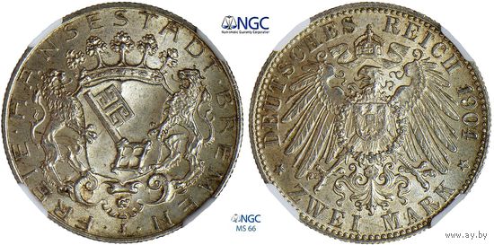 2 марки 1904 г. J. Бремен. Германия. NGC MS 66!!! Серебро. КМ# 250.