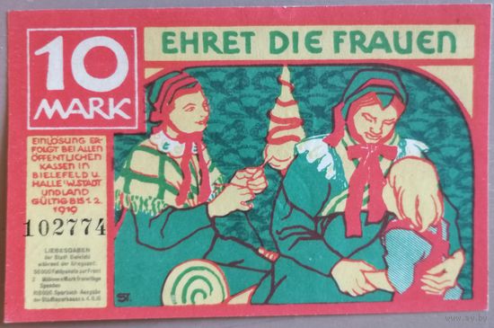 Германия 10 марок 1919 г Билефельд ( Bielefeld) В44.3 aUNC