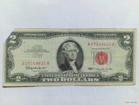 США 2 $ красная печать 1963 (обрезан угол)